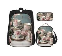KoNsev Juego de mochila de 3 piezas, mochilas azul turquesa con estuche de almuerzo de 3 piezas, mochila ligera resistente al agua, Tazas de té con rosas románticas, Talla única