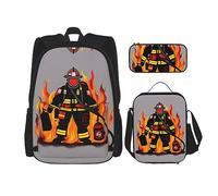 KoNsev Juego de mochilas de 3 piezas, bombero bombero impreso con bolsa de almuerzo y estuche para lápices