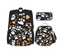 KoNsev Juego de mochilas de 3 piezas, estampado de huellas de perro con bolsa de almuerzo y estuche para lápices