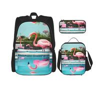 KoNsev Juego de mochilas de 3 piezas, flamencos y piscinas impresas con bolsa de almuerzo y estuche para lápices, Negro -, Talla única