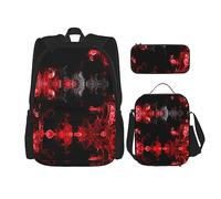 KoNsev Juego de mochilas de 3 piezas, rojo, negro, blanco, estampado abstracto, con bolsa de almuerzo y estuche para lápices