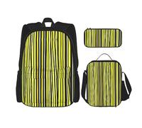 KoNsev Lemon Zest - 3 mochilas con estampado de rayas amarillas de 16 pulgadas, bolsa de libros y lonchera para niños pequeños de primaria, Black, Talla única, Juego de mochila escolar
