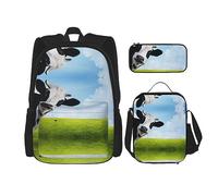 KoNsev Liama - Juego de 3 bolsas de libros impresas para escuela primaria de secundaria, bolsa de almuerzo y estuche para lápices, diseño de Liama, Patrones de vaca, Talla única