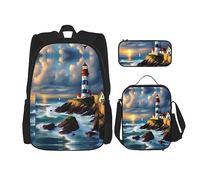KoNsev Lighthouse Diamond Paint - 3 mochilas de 16 pulgadas para escuela preescolar y lonchera para niños pequeños, Black, Talla única, Juego de mochila escolar