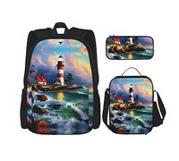 KoNsev Lighthouse Diamond Painting - 3 mochilas de 16 pulgadas para escuela preescolar y lonchera para niños pequeños, Black, Talla única, Juego de mochila escolar