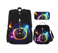 KoNsev Magic Electric Guitar Music - 3 mochilas de 16 pulgadas para escuela preescolar y lonchera para niños pequeños, Black, Talla única, Juego de mochila escolar