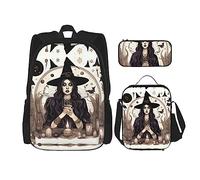 KoNsev Magic Witch Witchcraft Bohemian Drawing - 3 mochilas de 16 pulgadas para escuela preescolar y lonchera para niños pequeños, Black, Talla única, Juego de mochila escolar