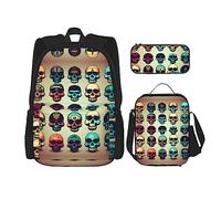 KoNsev Many Cool Retro Skull Head Graphics - Mochilas de 16 pulgadas, mochila escolar preescolar y lonchera para niños pequeños, Black, Talla única, Juego de mochila escolar