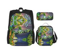 KoNsev Many Frogs Sing On The Branches Summer Butterflies Lake Water - 3 mochilas de 16 pulgadas para escuela preescolar y lonchera para niños pequeños, Black, Talla única, Juego de mochila escolar