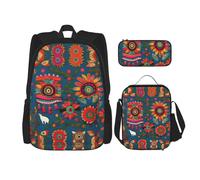 KoNsev Mexican Folk Art Boho - 3 mochilas de 16 pulgadas para escuela preescolar y lonchera para niños pequeños, Black, Talla única, Juego de mochila escolar