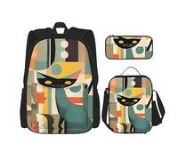 KoNsev Mid-Century Modern Art Cat - 3 mochilas de 16 pulgadas para escuela preescolar y lonchera para niños pequeños, Black, Talla única, Juego de mochila escolar