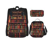KoNsev Mochila estampada de 3 piezas, para viajes, senderismo, ligera, para laptop, bolsa de almuerzo aislada para mujer, oso de cabaña y ciervo, Library Bookshelf Book, Talla única