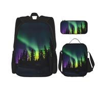 KoNsev Mochila estampada de 3 piezas, para viajes, senderismo, ligera, para laptop, bolsa de almuerzo aislada para mujer, patrón de medusas, Estampado de auroras boreales oscuras, Talla única