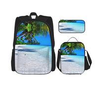 KoNsev Mochila estampada de 3 piezas, para viajes, senderismo, ligera, para laptop, bolsa de almuerzo aislada para mujer, día de San Valentín, Playa tropical de arena blanca y océano, Talla única