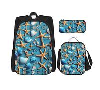 KoNsev Mochila estampada de 3 piezas, para viajes, senderismo, ligera, para laptop, bolsa de almuerzo aislada, para mujer, granja de fotos de tractor antiguo, Ocean Sea Beach Seashells Starfish Blue,