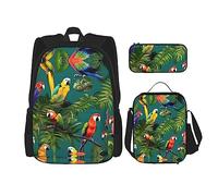 KoNsev Mochila estampada de 3 piezas, para viajes, senderismo, ligera, para laptop, bolsa de almuerzo aislada para mujer, diseño tropical de flores hawaianas y hojas de palma, Plantas tropicales y