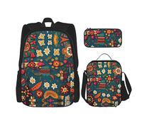 KoNsev Mochila estampada de 3 piezas para viajes, senderismo, ligera, para laptop, bolsa de almuerzo aislada para mujeres, gatos de arte moderno de mediados de siglo, Mexican Folk Boho, Talla única