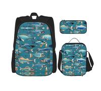 KoNsev Mochila estampada de 3 piezas, para viajes, senderismo, ligera, para laptop, bolsa de almuerzo aislada, para mujer, granja de fotos de tractor antiguo, Ocean Fishes, Talla única