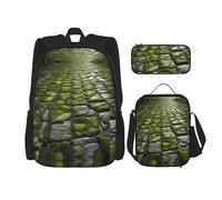 KoNsev Mochila estampada de 3 piezas, para viajes, senderismo, ligera, para laptop, bolsa de almuerzo aislada para mujer, patrones de notas musicales, Pavimento de piedra de musgo, Talla única