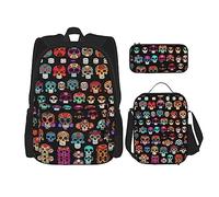 KoNsev Mochila estampada de 3 piezas, para viajes, senderismo, ligera, para laptop, bolsa de almuerzo aislada para mujeres, animales otomíes mexicanos, Calavera colorida mexicana, Talla única