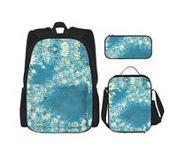 KoNsev Mochila estampada de 3 piezas, para viajes, senderismo, ligera, para laptop, bolsa de almuerzo aislada, para mujer, playa blanca, mar tropical, Margarita blanca y azul, Talla única