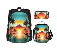 KoNsev Mochila estampada de 3 piezas, para viajes, senderismo, ligera, para laptop, bolsa de almuerzo aislada, para mujer, isla de palmeras tropicales, Sunrise Tropical Palm Tree Island, Talla única