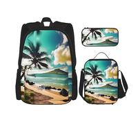 KoNsev Mochila estampada de 3 piezas, para viajes, senderismo, ligera, para laptop, bolsa de almuerzo aislada para mujer, pájaros tropicales, hojas de plantas, Palmeras de playa tropicales, Talla