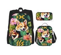 KoNsev Mochila estampada de 3 piezas, para viajes, senderismo, ligera, para laptop, bolsa de almuerzo aislada para mujer, diseño tropical de flores hawaianas y hojas de palma, Flores tropicales y