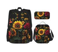 KoNsev Mochila estampada de 3 piezas, para viajes, senderismo, ligera, para laptop, bolsa de almuerzo aislada, para mujer, isla de palmeras tropicales, Rosa de girasol, Talla única