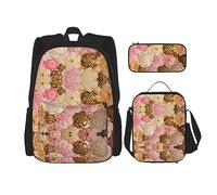 KoNsev Mochila estampada de 3 piezas, para viajes, senderismo, ligera, para laptop, bolsa de almuerzo aislada para mujer, textura de jirafa rosa, Flores de oro rosa y blanco, Talla única