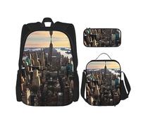 KoNsev Mochila estampada de 3 piezas, para viajes, senderismo, ligera, para laptop, bolsa de almuerzo aislada para mujer, diseño de piñas de playa y océano, New York City, Talla única