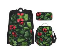 KoNsev Mochila estampada de 3 piezas, para viajes, senderismo, ligera, para laptop, bolsa de almuerzo aislada, para mujer, playa blanca, mar tropical, Hojas de vegetación con flores de hibisco, Talla