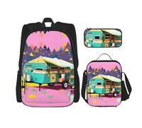 KoNsev Mochila estampada, juego de 3 piezas, estuche ligero para laptop, bolsa de almuerzo aislada para mujer, diseño retro de cabeza de calavera, Remolque You Make Me Happy Camper, Talla única