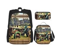 KoNsev Old Tractor Photo Farm - 3 mochilas de 16 pulgadas para escuela preescolar y lonchera para niños pequeños, Black, Talla única, Juego de mochila escolar