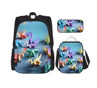 KoNsev Origami Papercraft Cranes - 3 mochilas de 16 pulgadas para escuela preescolar y lonchera para niños pequeños, Black, Talla única, Juego de mochila escolar
