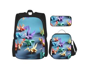 KoNsev Origami Papercraft Cranes - 3 mochilas de 16 pulgadas para escuela preescolar y lonchera para niños pequeños, Black, Talla única, Juego de mochila escolar