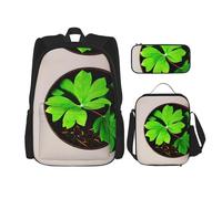 KoNsev Paquete de 3 mochilas de 16 pulgadas con diseño de hojas del día de San Patricio, bolsa de libros y lonchera para niños pequeños de primaria, Black, Talla única, Juego de mochila escolar