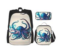 KoNsev Paquete de 3 mochilas de pulpo azul y morado de 16 pulgadas, bolsa de libros y lonchera para niños pequeños de primaria, Black, Talla única, Juego de mochila escolar