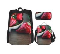 KoNsev Red Strawberry - 3 mochilas de 16 pulgadas, mochila escolar preescolar y lonchera para niños pequeños de primaria, Black, Talla única, Juego de mochila escolar