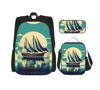 KoNsev Sailboat Ship Landscape - 3 mochilas de 16 pulgadas para escuela preescolar y lonchera para niños pequeños, Black, Talla única, Juego de mochila escolar
