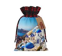 KoNsev Santorini - Bolsa de regalo con cordón y diseño de isla griega, vista al mar, bloque de color, regalo de vacaciones, suministros de Navidad, decoración de Halloween, 4.7 x 6.9 pulgadas
