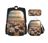 KoNsev Seashell Landscape On The Beach - 3 mochilas de 16 pulgadas para escuela preescolar y lonchera para niños pequeños, Black, Talla única, Juego de mochila escolar