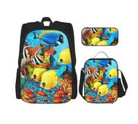 KoNsev Tropical Ocean Sea Fish - 3 mochilas de 16 pulgadas para preescolar y lonchera para niños pequeños, Black, Talla única, Juego de mochila escolar