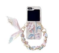 Konstreet Funda de teléfono para Samsung Galaxy Z Flip 5 con diseño floral de acuarela en relieve plano con bufanda de seda/pulsera, exquisito patrón de pintura al óleo