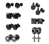 Konxi Pendientes de Acero Inoxidable de Plata Negro Stud 7 Pares Hombres Negro Pendiente Zirconia Pendientes Set Hipoalergénico Huggie Hoop Negro Pendientes Studs (Negro)
