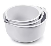 KONZEPT Juego de 3 cuencos mezcladores de plástico blanco con vertedor, base antideslizante, apilable, con escala de medición, apto para lavavajillas, ideal para hornear, mezclar y almacenar