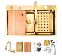 KOOGIDDR Fregadero Dorado Multifuncional de Cocina 68 × 45 cm - Nano Acero Inoxidable, Empotrable Con 5 Agujeros y Accesorios Extraíbles