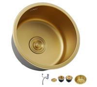 KOOGIMDDR 32x32 cm Oro Redondo Prep Sink Mini Trompeta Inox Multifuncional Cocina Essential Single Bowl Undermount con Drenaje Dorado y Componentes de Montaje