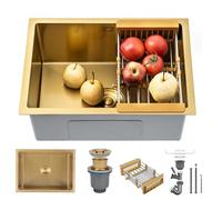 KOOGIMDDR 55 × 40 cm Oro Fregadero Mini Trompeta Acero inoxidable Multifuncional Cocina Essential Sencillo Lavabo con drenaje dorado y componentes de montaje, con cesta de desagüe