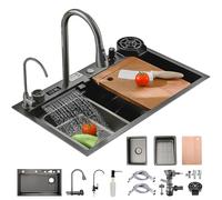 KOOGIMDDR 68x45cm Fregadero de cocina de acero inoxidable rectangular, fregadero cascada con drenaje a la izquierda, fregadero de cocina con orificio para el grifo y desagüe, sifón, fregadero de bar